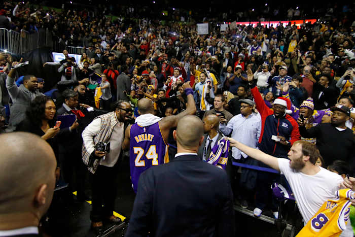 Los Angeles Lakers forward Kobe Bryant (24) walks to the locker room after a game against the Atlanta Hawks at Philips Arena. The Hawks defeated the Lakers 100-87.